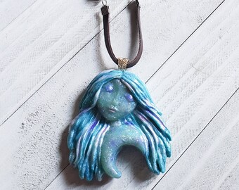 Blue Teal crescent moon goddess pendant necklace, polymer clay jewelry, witchy jewelry, gift for her