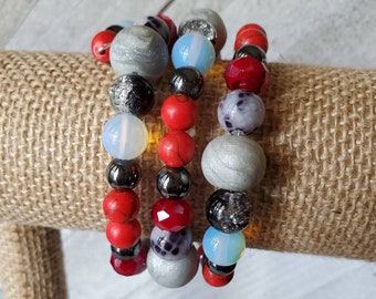 Memory wire bracelet, memory wire, beaded bracelet, bracelet stack, red and black beads, moonstone opals and hematite beads, gift for her