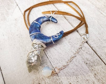 Crescent moon pendant necklace, polymer clay, resin jewelry, witchy jewelry, gifts for her