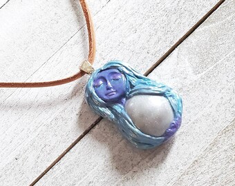 Goddess holding the moon pendant necklace, polymer clay jewelry, resin jewelry, witchy jewelry, gift for her