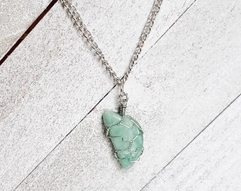Green quartz stone necklace, gemstone necklace, wire wrapped pendant, wire wrapped crystal, gift for her