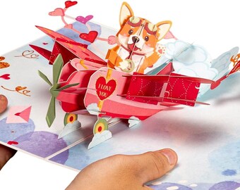 Paper Love Frndly Pop Up Valentines Day Card, 3D Dog Biplane - 100% Recycled and Eco-Friendly, 8" x 6" Cover - With Note Tag