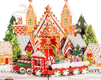 Paper Love Gingerbread Town Pop Up Card, Handmade 3D Popup Greeting Cards, Gift For Christmas, Holidays, Thinking of You | 5" x 7" Cover