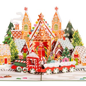 Paper Love Gingerbread Town 3D Pop Up Card, Gift For Christmas or Holidays - 5&quot; x 7&quot; Cover with Envelope and Note Tag