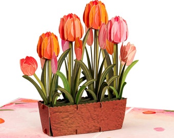 Frndly 3D Pop Up Card, Tulips, For Mothers Day, All Occasions - 100% Recycled and Eco-Friendly, Handmade, 8" x 6" Cover -with Removable Note