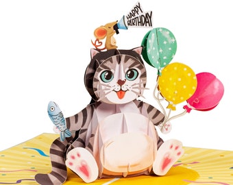 Paper Love 3D Pop Up Birthday Card, Birthday Cat, For Adults and Kids - 5" x 7" Cover - Includes Envelope and Note Tag