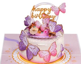 Paper Love Butterfly Birthday Cake, 3D Pop Up Birthday Card, For Adults and Kids, 5" x 7" Cover - Includes Envelope and Note Tag