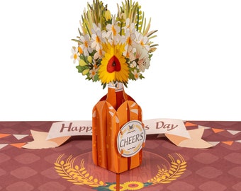 Paper Love Beer Flowers Pop Up Father's day Card, Handmade 3D Popup Greeting Cards, For Dad, Husband, Son, Friend, Anyone | 5" x 7"