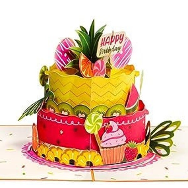 Paper Love 3D Tropical Birthday Cake Pop Up Card Detachable, For Adults or Kids | 5" x 7" Cover