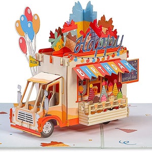 Paper Love Happy Birthday Ice Cream Truck Pop Up Card, Handmade 3D Popup Greeting Cards, For Kids | 5" x 7" Cover - Includes Envelope