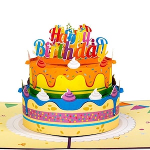 Paper Love 3D Birthday Cake Card Popup Card, For Adults or Kids - 5&quot; x 7&quot; Cover - Includes Envelope and Note Tag