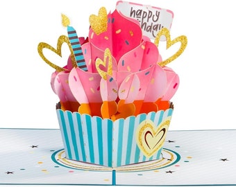 Paper Love 3D Birthday Pop Up Card With Detachable Keepsake Cupcake, For Adults or Kids | 5" x 7" Includes Envelope and Removable Note Tag