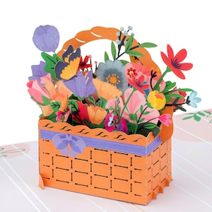 Paper Love 3D Flower Basket Pop Up Card, For Birthday, Get Well, Thank You, All Occasions - 5&quot; x 7&quot; Cover with Envelope and Note Tag
