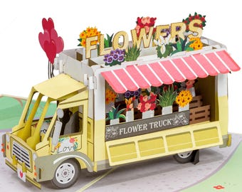 Paper Love Flower Truck 3D Pop Up Card,  For Birthday, Love, Get Well, Thank You, All Occasions - 5" x 7" Cover with Envelope and Note Tag