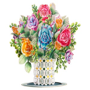 Paper Love 3D Roses and Succulent Bouquet Pop Up Card Detachable Popup Keepsake - Oversized 10&quot; x 7&quot; Cover - Includes Envelope and Note Card