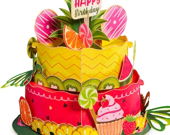 Paper Love 3D Tropical Birthday Cake Pop Up Card Detachable,  For Adults or Kids - 5" x 7" Cover - Includes Envelope and Removable Note Tag