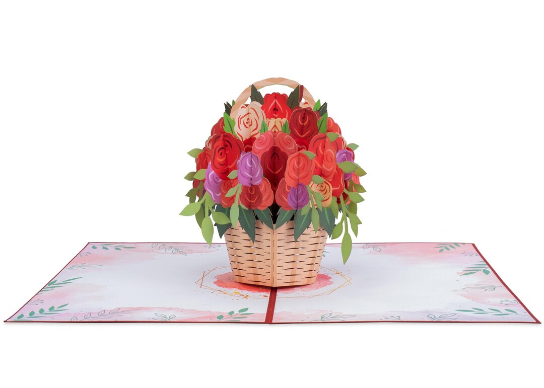 Paper Love Basket of Roses 3D Pop up Card, for Love, Anniversary ...