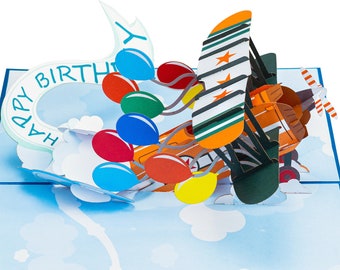 Paper Love Happy Birthday Biplane, Pop Up Birthday Card, Handmade 3D Popup Bday Greeting Cards, For Him Boy Husband Kids Adults, 5" x 7"