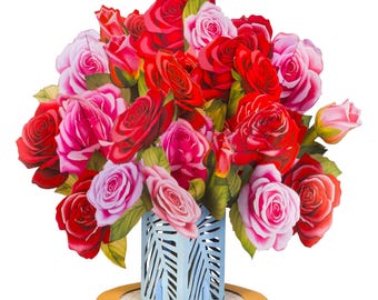 3D Pop Up Mother's Day Card, Pink & Red Roses Bouquet, For Mom (5" x 7")