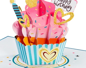 Paper Love 3D Birthday Pop Up Card With Detachable Keepsake Cupcake, For Adults or Kids | 5" x 7" Includes Envelope and Removable Note Tag