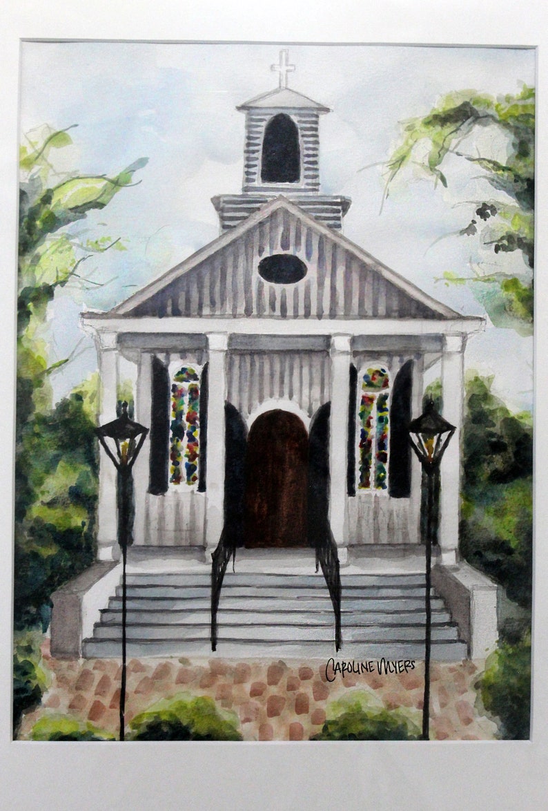 CHAPEL ON A HILL and ink on paper; Religious art; Church painting in 16x20 mat board; Watercolor 9x12 acrylic paint