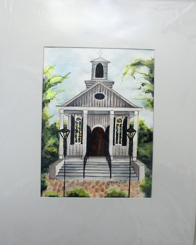 CHAPEL ON A HILL and ink on paper; Religious art; Church painting in 16x20 mat board; Watercolor 9x12 acrylic paint