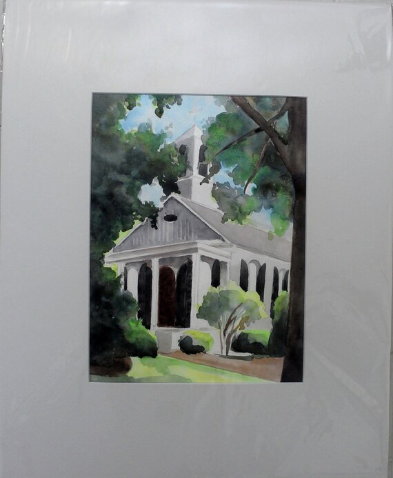 CHAPEL ON A HILL and ink on paper; Religious art; Church painting in 16x20 mat board; Watercolor 9x12 acrylic paint