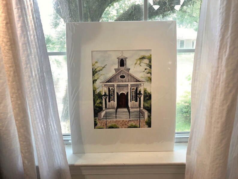 CHAPEL ON A HILL and ink on paper; Religious art; Church painting in 16x20 mat board; Watercolor 9x12 acrylic paint