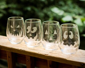 Halloween Silly Spooky Etched Glass Stemless Wine Glasses - Set of 4