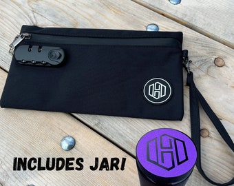 Smell Proof Black Clutch with Lock, Includes Glass Jar
