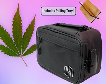 Smell Proof Black Vegan Leather Case with Lock and Rolling Tray | Stashbox | Stoner Gift | Cannabis Storage | Stoner Kit | Weed Gift | 420