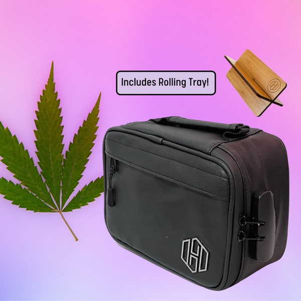 Smell Proof Black Vegan Leather Case with Lock and Rolling Tray | Stashbox | Stoner Gift | Cannabis Storage | Stoner Kit | Weed Gift | 420