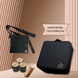 Custodia in pelle vegana antiodore XL con lucchetto e borsa laterale 3 barattoli e vassoio Scatola portaoggetti per medicinali Regalo per lui Regalo per lei Custodia antiodore