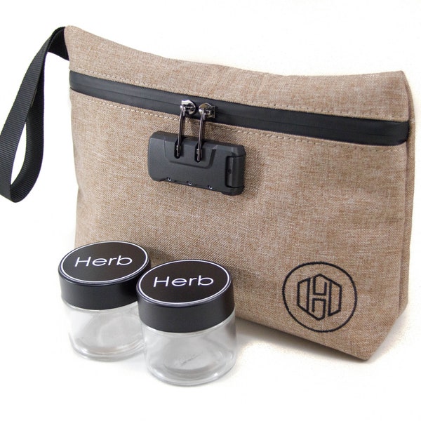 Travel Kit with Black Jars and Grinder,Smell Proof Bag,Stash Box,Case with Lock,Lock Stash Box,Gift for Him,Gift for Her