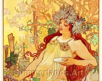 Alphonse Mucha Autumn, Fine Art Print, 35x70cm, Giclée Gallery Grade Paper or Canvas, Goddess Fairies Wall Decor Vintage, Numero limitato