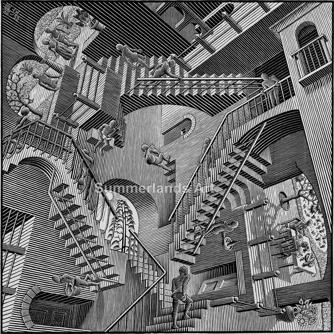 M C Escher Relativity Woodcut FINE ART PRINT 70x70cm 27