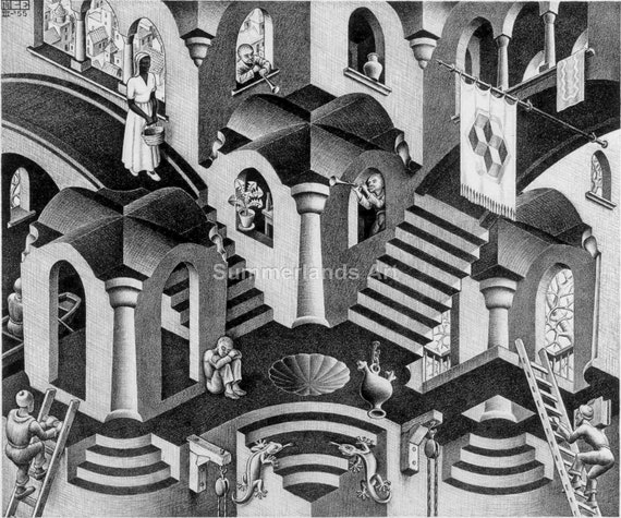 Vintage MC Escher Art Print Bookplate Book-Cut AIR CASTLES ** Ready to Frame