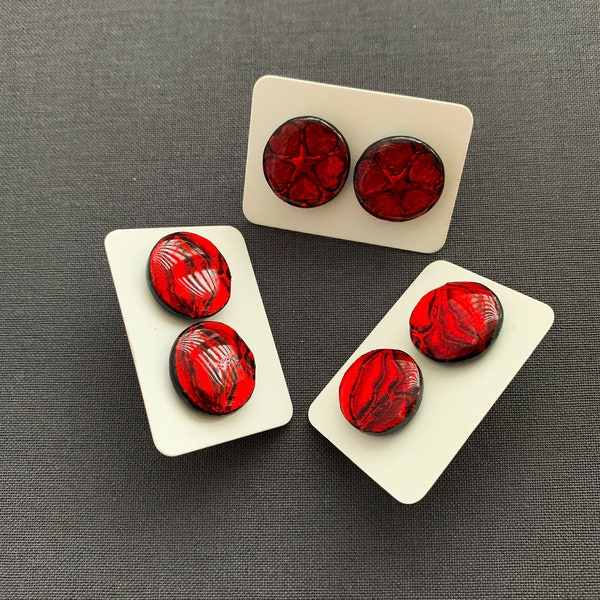 Vibrant red unique studs earrings with printed ornament - eye catching polymer clay with resin red and black studs earrings