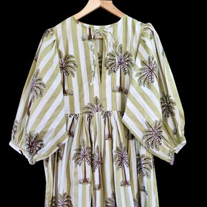 Cotton Block Print Dress: Palm Tree Summer Mini/Midi Dress