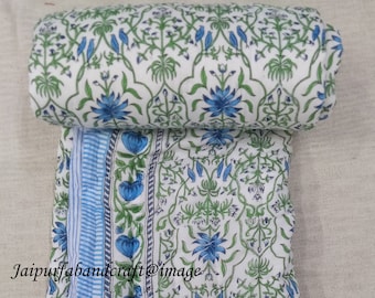 Handmade Floral Print Quilted Reversible  Blanket, Indian Decorative Cotton Winter Quilt,Jaipuri Cotton Rajai