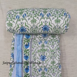 Handmade Floral Print Quilted Reversible  Blanket, Indian Decorative Cotton Winter Quilt,Jaipuri Cotton Rajai