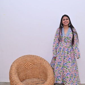 Indian Hand Block Printed Dress Summer Midi Dress Cotton Floral Dress White & Blue Dress Handmade in India Dress with,belt