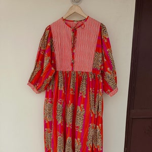 Tiger Midi Dress, Mini Dress, Long Block Print Dress, Orange Stripes  Deep Neck with string closer