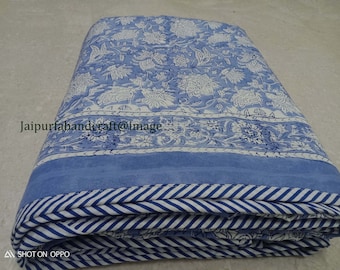 Blue Floral Print  Cotton Dohar Reversible AC Dohar Ac comforter Indian Hand Block Print Cotton Ac Blanket Throw