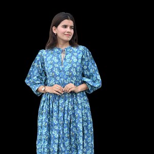 Floral Hand Block Print Soft Cotton Summer Dress Midi, mini Dress, Floral Long Block Print Dress, Deep Neck With String Closer, Gift for her