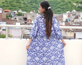 【新品未開封・送料無料】 Blue Flock Print Handmade Cotton Women Dress Short Dress Clothing