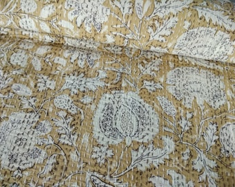 Hand Block Print Kantha Quilt: Indian Cotton Bed Cover