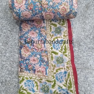Hand Block Floral Print In Side Doctor Cotton Reversible Light Weight Coverlet Quilt Razai Throw Ethnic Traditional Handmade Blanket