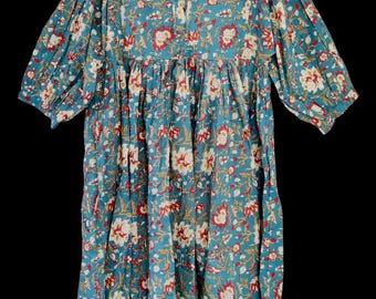 Hand Block Print Cotton Midi Dress: Striped Deep Neck Summer Dress