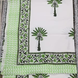 Gift  Hand Block Print Palm Tree Indian Hand Block Print Bedding Flat Sheet Cotton Bedding Green Palm Tree Bedding Throe